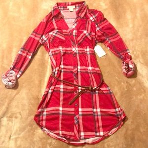 Belted red plaid dress.